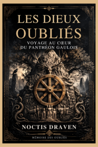 Couverture sombre et détaillée montrant une roue celtique sculptée entourée de figures mythologiques, animaux, serpents et arbres anciens, avec le titre Les Dieux Oubliés et le nom Noctis Draven.