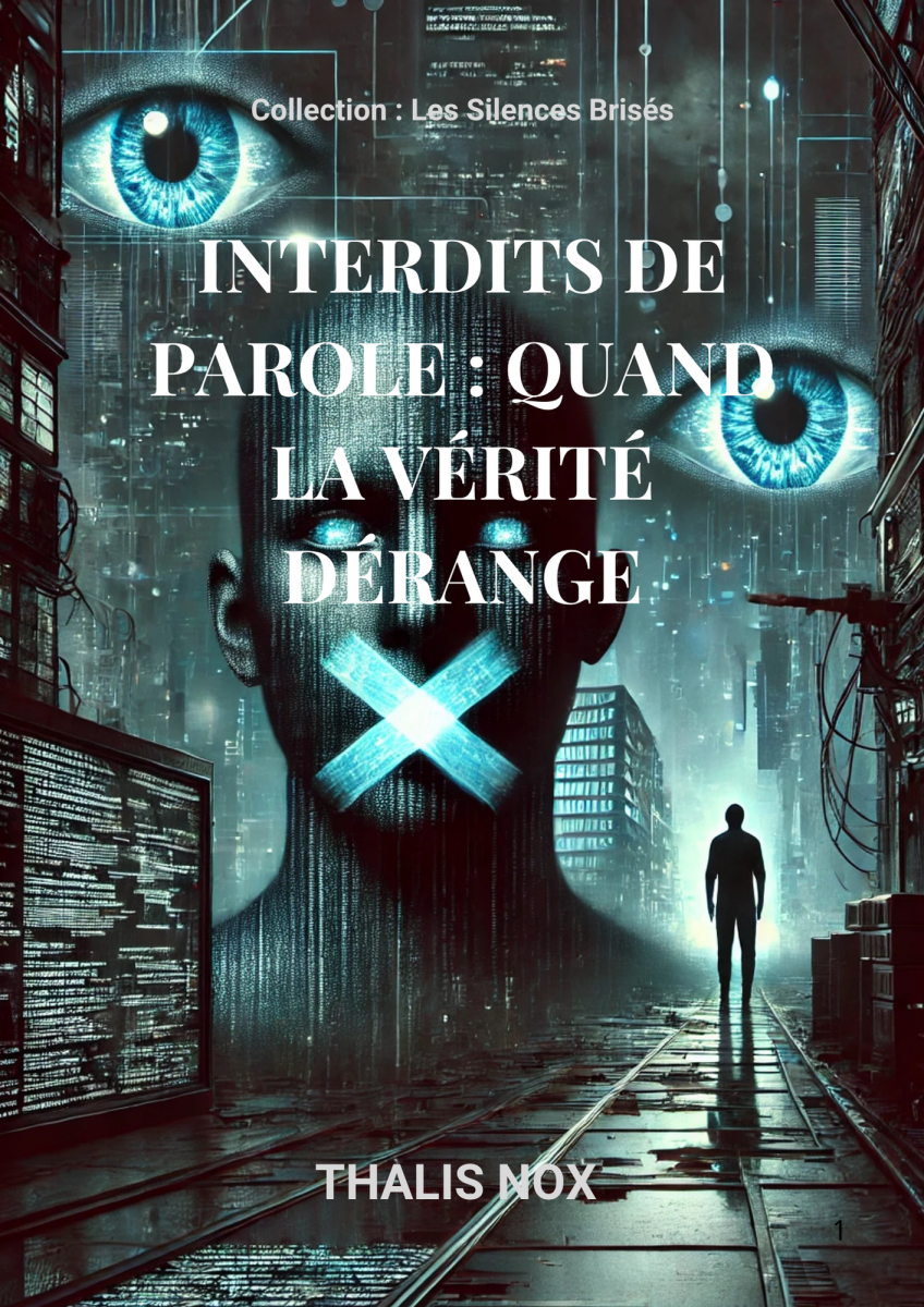 Couverture du livre "Interdits de parole : Quand la vérité dérange" de Thalis Nox – visage baillonné et yeux de surveillance dans un décor dystopique.