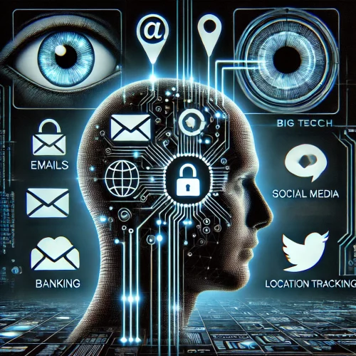 Illustration futuriste représentant la surveillance numérique et le suivi des données. Une silhouette humaine formée de flux de données lumineux en néon bleu apparaît au centre, avec des icônes de messagerie, réseaux sociaux, transactions bancaires et géolocalisation interconnectées par des lignes cybernétiques. En arrière-plan, des yeux géants symbolisant les grandes entreprises technologiques et les institutions surveillent depuis l’ombre, évoquant la collecte massive d’informations et la surveillance invisible du web. L’esthétique générale est cyberpunk, high-tech et légèrement dystopique.