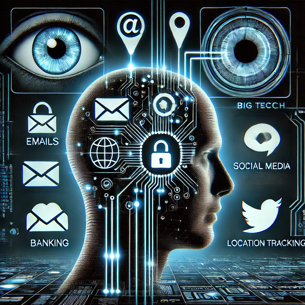 Illustration futuriste représentant la surveillance numérique et le suivi des données. Une silhouette humaine formée de flux de données lumineux en néon bleu apparaît au centre, avec des icônes de messagerie, réseaux sociaux, transactions bancaires et géolocalisation interconnectées par des lignes cybernétiques. En arrière-plan, des yeux géants symbolisant les grandes entreprises technologiques et les institutions surveillent depuis l’ombre, évoquant la collecte massive d’informations et la surveillance invisible du web. L’esthétique générale est cyberpunk, high-tech et légèrement dystopique.