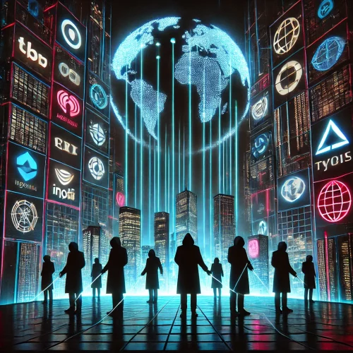 Illustration numérique futuriste représentant la montée d’un pouvoir mondial invisible. Une ville cyberpunk illuminée de néons bleus et rouges sert de toile de fond à d’immenses gratte-ciel affichant des symboles d’entreprises et d’institutions internationales. Au sommet, des figures sombres en costume manipulent des fils lumineux reliés à une carte holographique du monde, symbolisant le contrôle supranational des grandes puissances économiques et politiques. L’ambiance est à la fois high-tech, dystopique et menaçante." Ce texte garantit une bonne accessibilité et un référencement efficace.