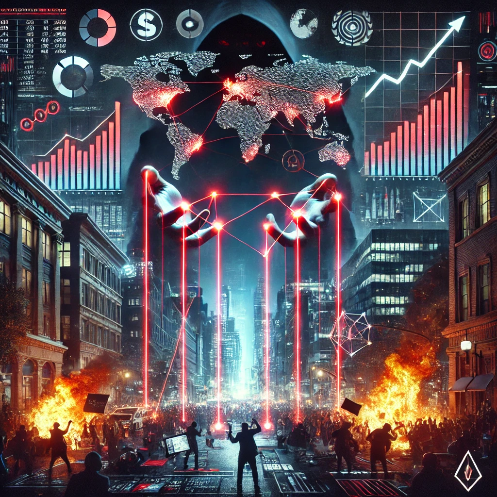 Illustration cyberpunk représentant un chaos orchestré. Une ville en flammes, des graphiques financiers en chute libre et des foules en révolte montrent un monde en crise. Au sommet, des silhouettes obscures manipulent des fils rouges lumineux connectés à une carte du monde et des indicateurs économiques, symbolisant le contrôle invisible derrière l’instabilité globale.