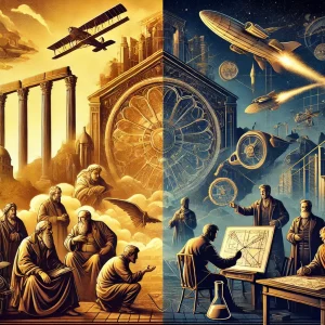 Illustration de la collection Ligne Brisée, représentant une uchronie où différentes époques historiques se croisent : philosophes antiques débattant avec des scientifiques futuristes, machines steampunk survolant des châteaux médiévaux et inventions de la Renaissance. Une représentation symbolique de l’histoire réinventée."