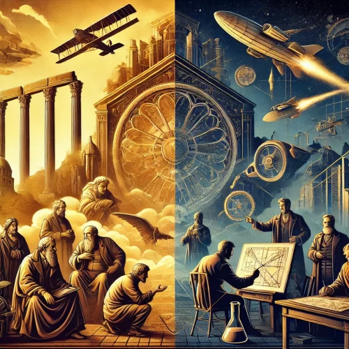Illustration de la collection Ligne Brisée, représentant une uchronie où différentes époques historiques se croisent : philosophes antiques débattant avec des scientifiques futuristes, machines steampunk survolant des châteaux médiévaux et inventions de la Renaissance. Une représentation symbolique de l’histoire réinventée."