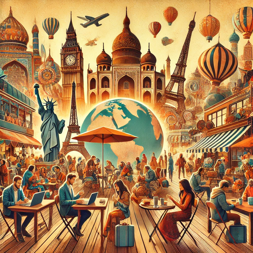 Illustration de la collection Living Abroad, mettant en scène des expatriés travaillant dans un café, explorant des marchés locaux et découvrant de nouvelles cultures, entourés de monuments emblématiques du monde entier. Une représentation visuelle de l’expatriation et de l’intégration culturelle