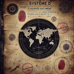 Illustration de la collection Système D, représentant un dossier secret avec des empreintes digitales, des cartes et des éléments cryptés, symbolisant des stratégies et astuces confidentielles.