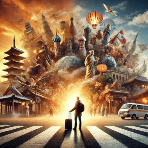 Voyageur avec valise devant un mélange de cultures et monuments iconiques du monde, symbolisant l'expatriation et l'adaptation culturelle.