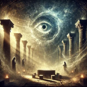 Ruines mystérieuses baignées de lumière éthérée, avec des artefacts anciens et des figures énigmatiques, symbolisant les mythes et légendes à travers le temps