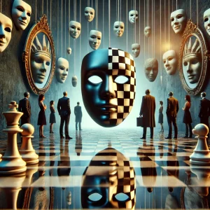 Figures masquées autour d’un échiquier, avec des miroirs déformants en arrière-plan, symbolisant les jeux de pouvoir, l’influence et la manipulation sociale.