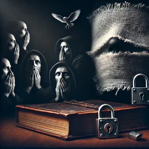 Figure au visage partiellement couvert, avec des ombres murmurantes en arrière-plan et un livre verrouillé sur une table, symbolisant la censure et les vérités cachées.