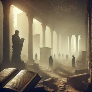 Ancienne bibliothèque remplie de parchemins effacés, statues brisées et silhouettes fantomatiques se dissolvant dans la brume, illustrant l’histoire oubliée.