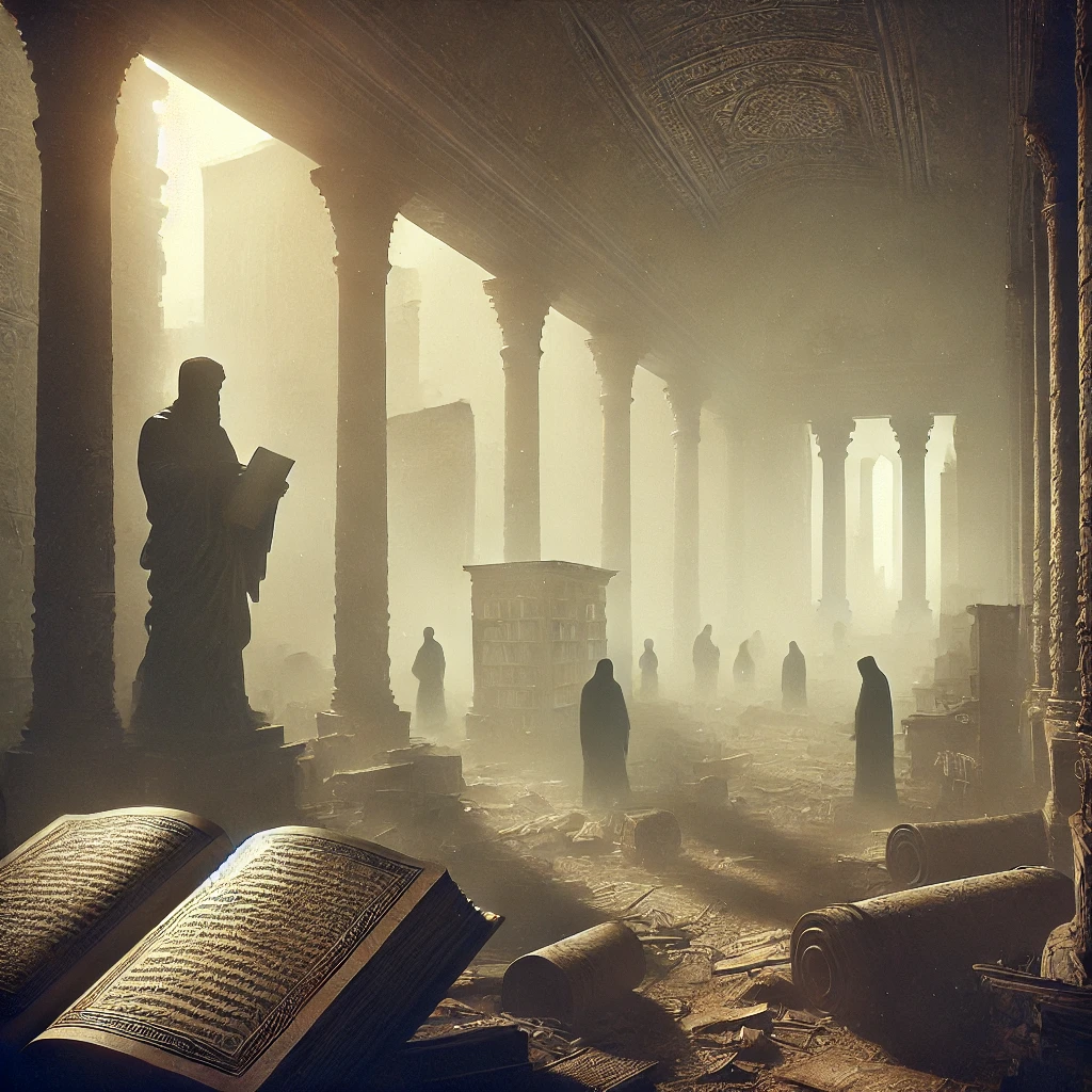 Ancienne bibliothèque remplie de parchemins effacés, statues brisées et silhouettes fantomatiques se dissolvant dans la brume, illustrant l’histoire oubliée.