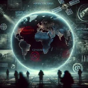Carte du monde avec des zones censurées, figures ombragées en arrière-plan et imagerie satellite, illustrant les territoires interdits et les tensions géopolitiques.
