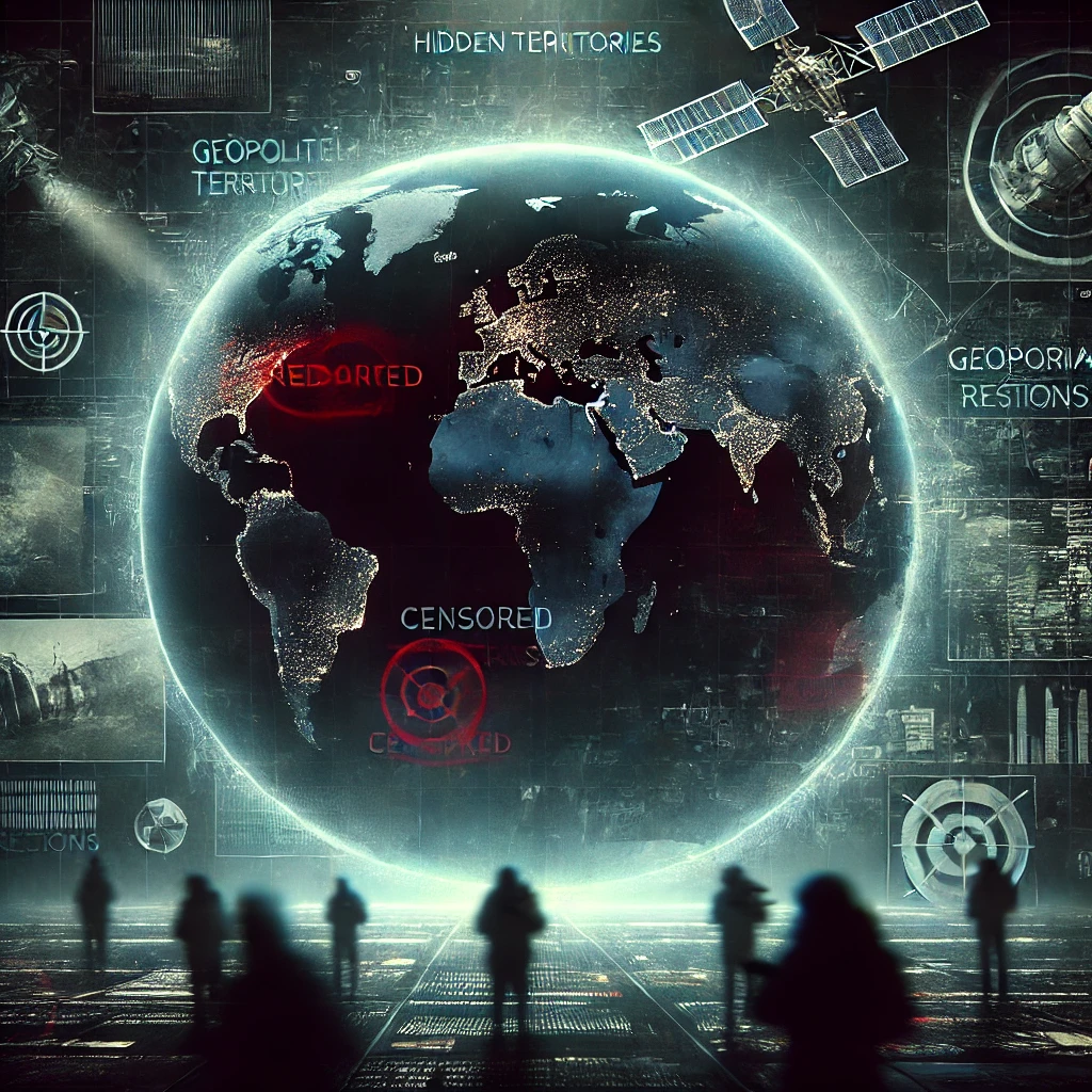 Carte du monde avec des zones censurées, figures ombragées en arrière-plan et imagerie satellite, illustrant les territoires interdits et les tensions géopolitiques.
