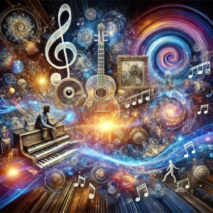 Fusion dynamique d’instruments de musique, de peintures abstraites et de lumières tourbillonnantes, illustrant l’impact des révolutions artistiques et musicales.