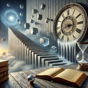 Escalier infini défiant la logique, miroir reflétant une réalité alternative et horloge fondante sur un livre, symbolisant les paradoxes du savoir et de la perception.
