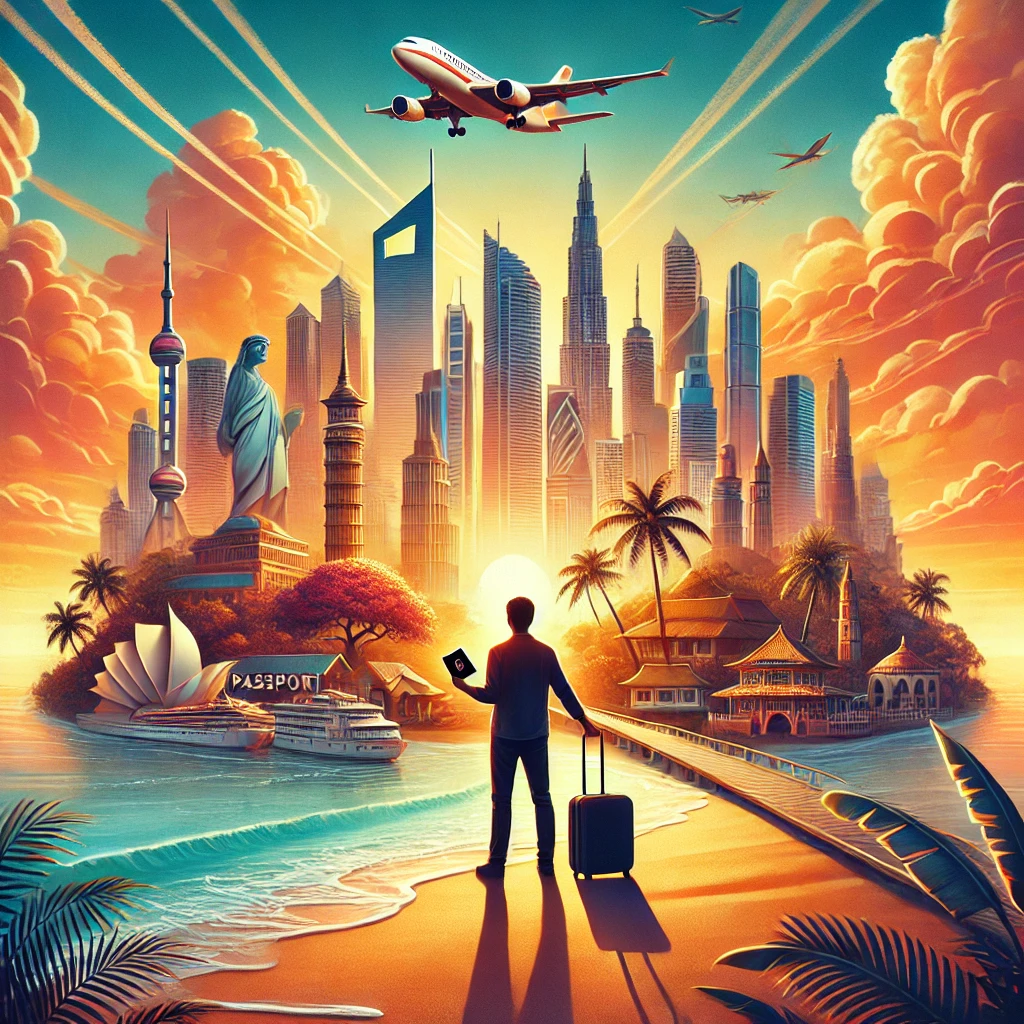 Illustration représentant l'expatriation avec une personne sur une plage tropicale tenant un passeport, regardant vers une ville moderne au loin. L’image évoque la liberté, l’aventure et de nouvelles opportunités, avec un coucher de soleil et des éléments culturels de différents pays en arrière-plan.