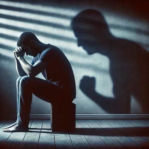 Homme assis seul dans une pièce sombre, la tête dans les mains, avec une ombre menaçante projetée sur le mur. Une illustration symbolisant la souffrance et l’isolement des hommes victimes de violences conjugales.