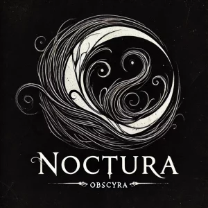 Logo de la collection Noctura by Obscyra. Une illustration sombre et mystérieuse représentant un croissant de lune entouré de volutes d’ombre, évoquant l’univers des légendes interdites et du folklore horrifique.