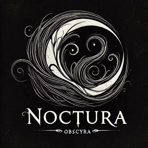 Logo de la collection Noctura by Obscyra. Une illustration sombre et mystérieuse représentant un croissant de lune entouré de volutes d’ombre, évoquant l’univers des légendes interdites et du folklore horrifique.
