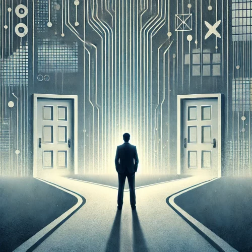 Homme debout à une intersection, face à deux portes identiques. L'arrière-plan est composé d'éléments numériques abstraits évoquant l’influence des médias et des algorithmes, illustrant l’illusion du libre choix en démocratie.