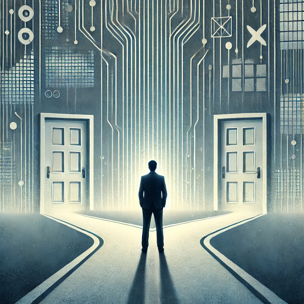 Homme debout à une intersection, face à deux portes identiques. L'arrière-plan est composé d'éléments numériques abstraits évoquant l’influence des médias et des algorithmes, illustrant l’illusion du libre choix en démocratie.