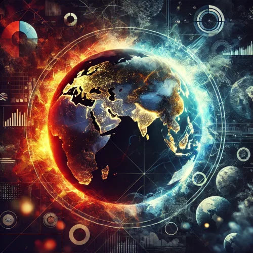 Illustration dramatique représentant le basculement des puissances mondiales. Un globe aux zones lumineuses contrastées évoque la recomposition des alliances géopolitiques et les tensions économiques.