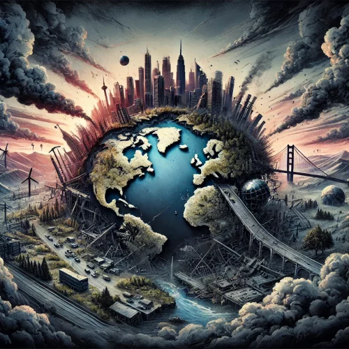 Paysage dystopique représentant un monde en effondrement. Une ville en ruines, des infrastructures abandonnées et la nature qui reprend ses droits sous un ciel menaçant.