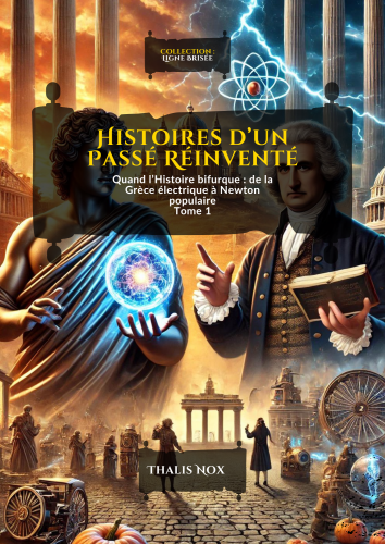 Couverture du livre Histoires d’un Passé Réinventé - Tome 1, illustrant une uchronie où la Grèce antique maîtrise l’électricité et Newton devient une figure clé. L’image mélange éléments antiques, scientifiques et technologiques dans une ambiance dorée et majestueuse.