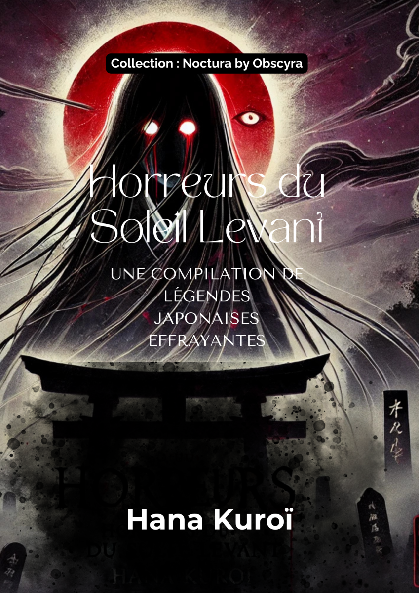 Couverture du livre "Horreurs du Soleil Levant" par Hana Kuroï. Une illustration sombre et effrayante représentant une silhouette spectrale aux yeux rouges flottant devant un torii sous une lune sanglante, évoquant le folklore japonais et ses légendes hantées.