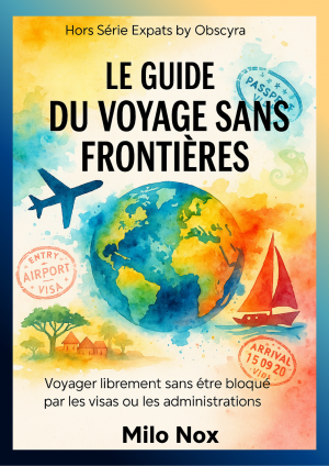 Couverture de « Le Guide du Voyage Sans Frontières » de Milo Nox, featuring images de routes ouvertes, passeports et éléments de voyage international.