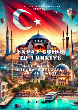 Cover of 'Expat Guide to Türkiye – Live, Work & Integrate Between East and West' by Milo Nox. A visually stunning image featuring Istanbul’s Hagia Sophia, the Turkish flag, and hot air balloons, representing the rich culture and dynamic expatriation opportunities in Türkiye.