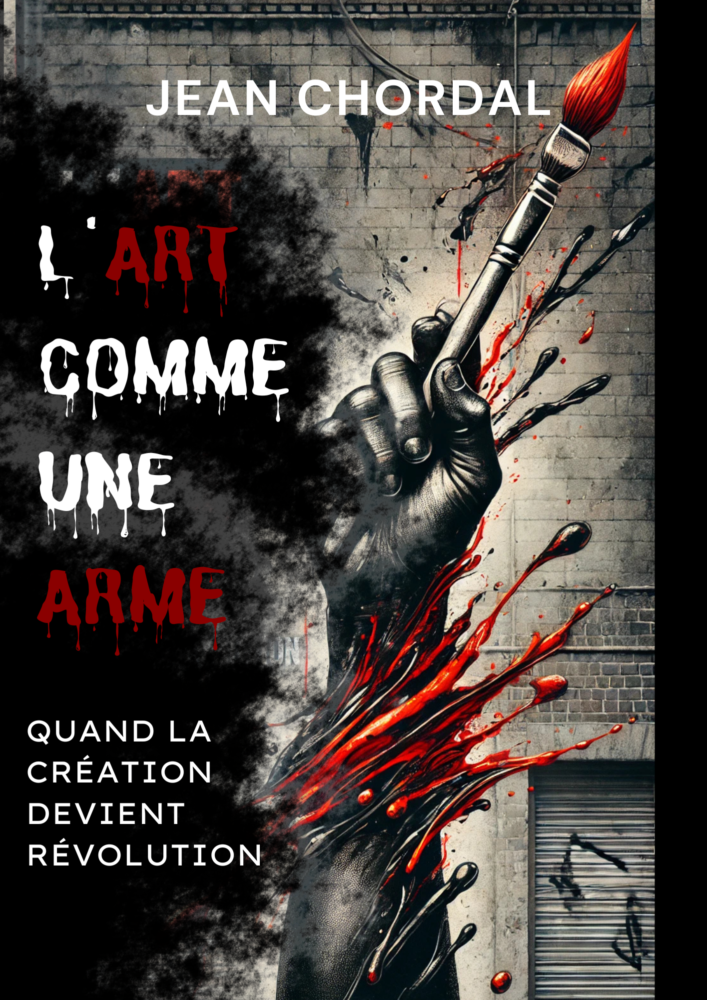 Couverture du livre 'L’Art comme une Arme' de Jean Chordal. Une main tenant un pinceau ensanglanté, symbolisant la puissance révolutionnaire de l’art, sur un fond de mur tagué et de fumée noire.