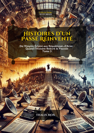 Couverture du livre 'Histoires d’un Passé Réinventé – Tome 3' de la collection Ligne Brisée. Une scène dystopique où des haut-parleurs et des machines à écrire dominent une assemblée, symbolisant le pouvoir des médias et la réécriture de l’histoire