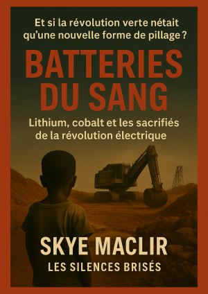 Couverture du livre "Batteries du sang" de Skye MacLir, dénonçant les sacrifices humains liés à la révolution énergétique.