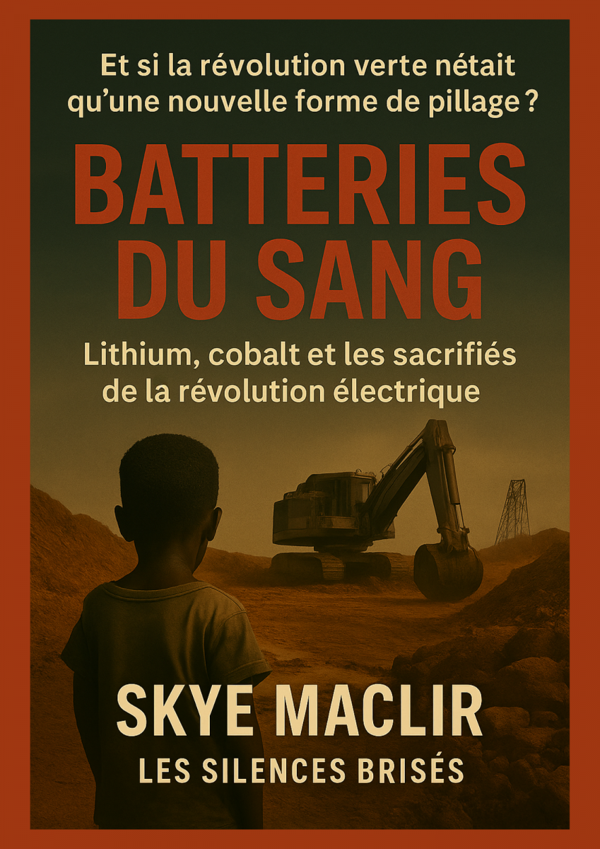 Couverture du livre "Batteries du sang" de Skye MacLir, dénonçant les sacrifices humains liés à la révolution énergétique.