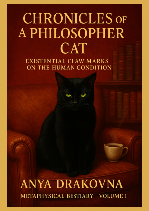 Book cover of "Chronicles of a Philosopher Cat": a black cat with a sarcastic gaze sits on a leather armchair in a warm, book-filled room. Title and author appear in elegant golden text.