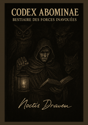Couverture du Codex Abominae de Noctis Draven – bestiaire des forces interdites et critique des mythes sacrés.