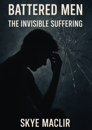 Book cover of “Battered Men: The Invisible Suffering” showing a shadowed male figure and shattered glass symbolizing broken silence.