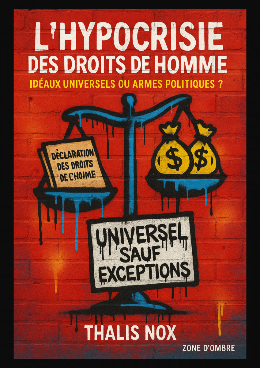Couverture du livre L’Hypocrisie des Droits de l’Homme de Thalis Nox, une critique percutante des usages géopolitiques des principes universels.