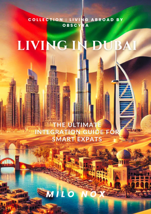 Book cover of Living in Dubai by Milo Nox, showing Dubai’s skyline, desert hues and cultural symbols, designed for expats seeking smart integration.