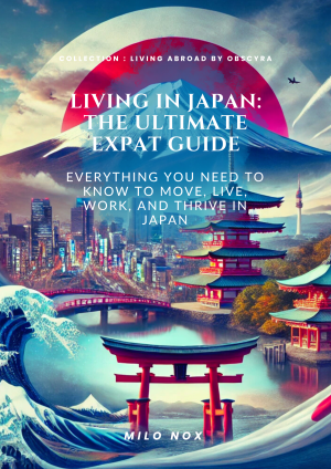Cover of "Living in Japan – The Ultimate Expat Guide" by Milo Nox, published by Obscyra – your roadmap to successful life in Japan