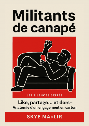 Couverture du livre "Militants de canapé" de Skye MacLir, satire sociale sur le slacktivisme et l'engagement numérique.