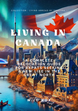 Vibrant illustrated cover showing Canada’s diverse regions with national flag in the background, for the guide “Expatriation in Canada