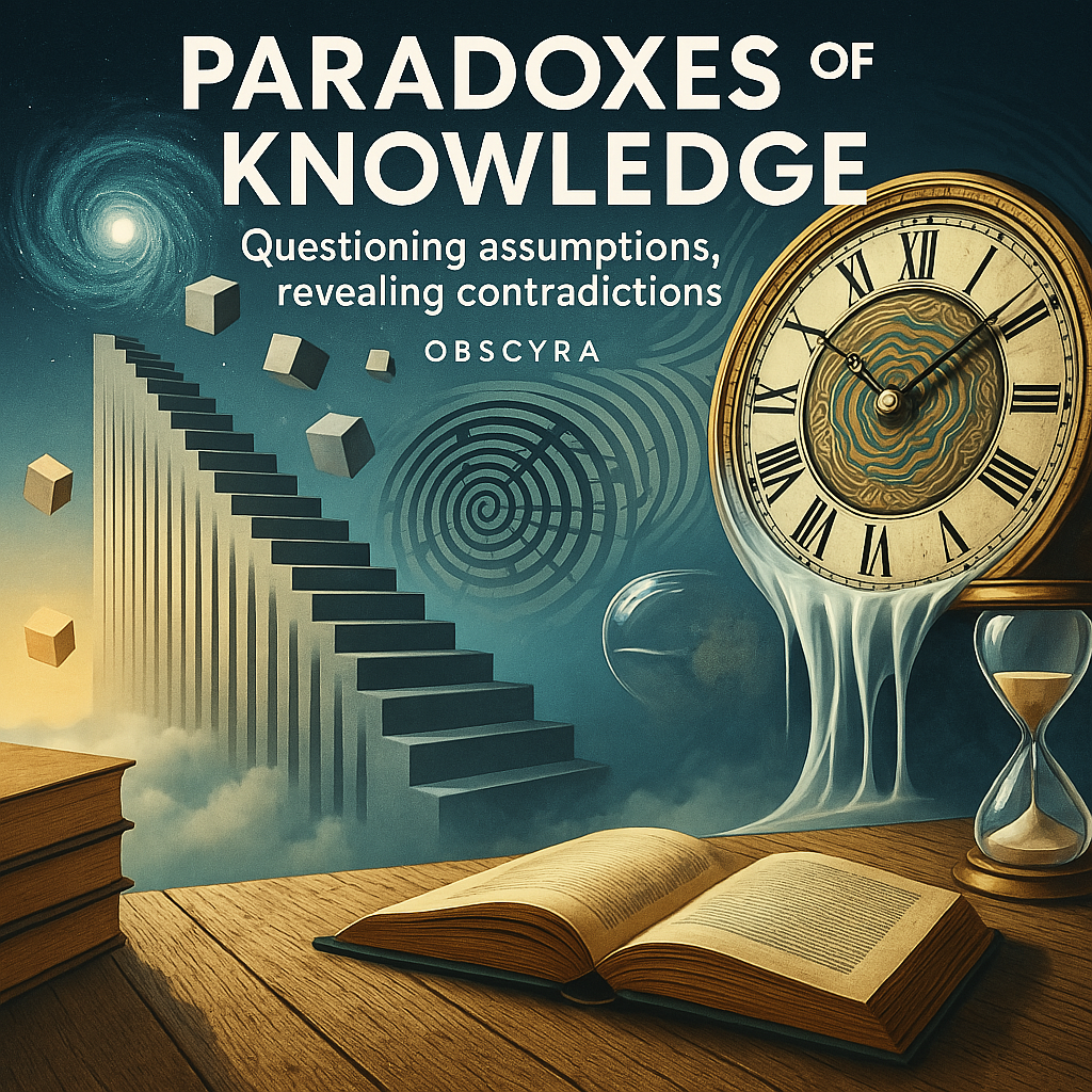 Digital illustration for the Paradoxes of Knowledge collection by Obscyra, showing fragmented clocks, shifting staircases, and mirrored landscapes — representing illusion, time, and the contradictions of understanding.