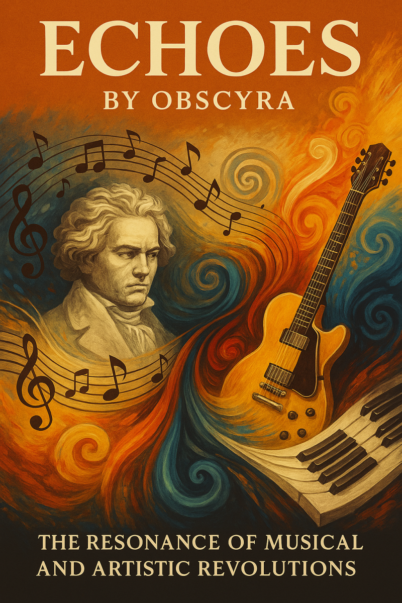 Digital artwork for Echoes by Obscyra, combining musical instruments, sound waves, and visual echoes with abstract artistic elements — symbolizing cultural revolutions through art and music.