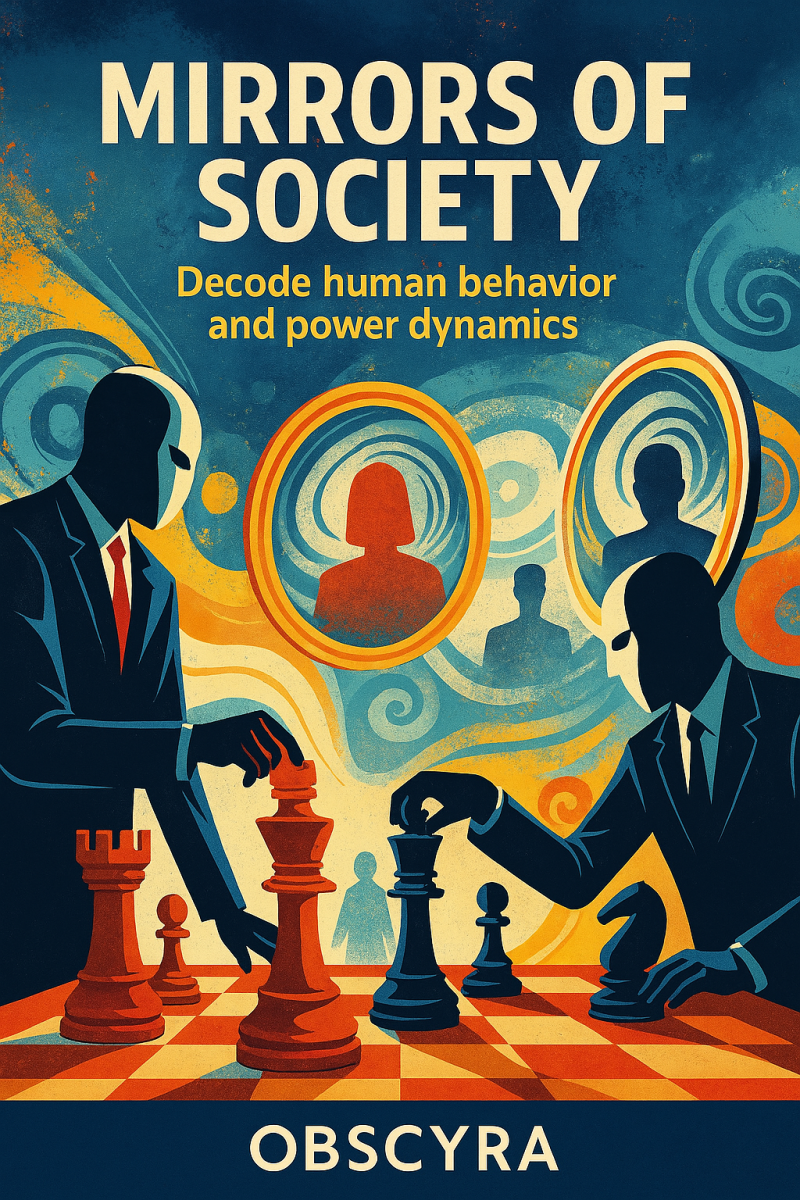 Digital illustration for Mirrors of Society by Obscyra, showing masked figures around a chessboard and distorted reflections in cracked mirrors — symbolizing social control, manipulation, and the illusion of truth.