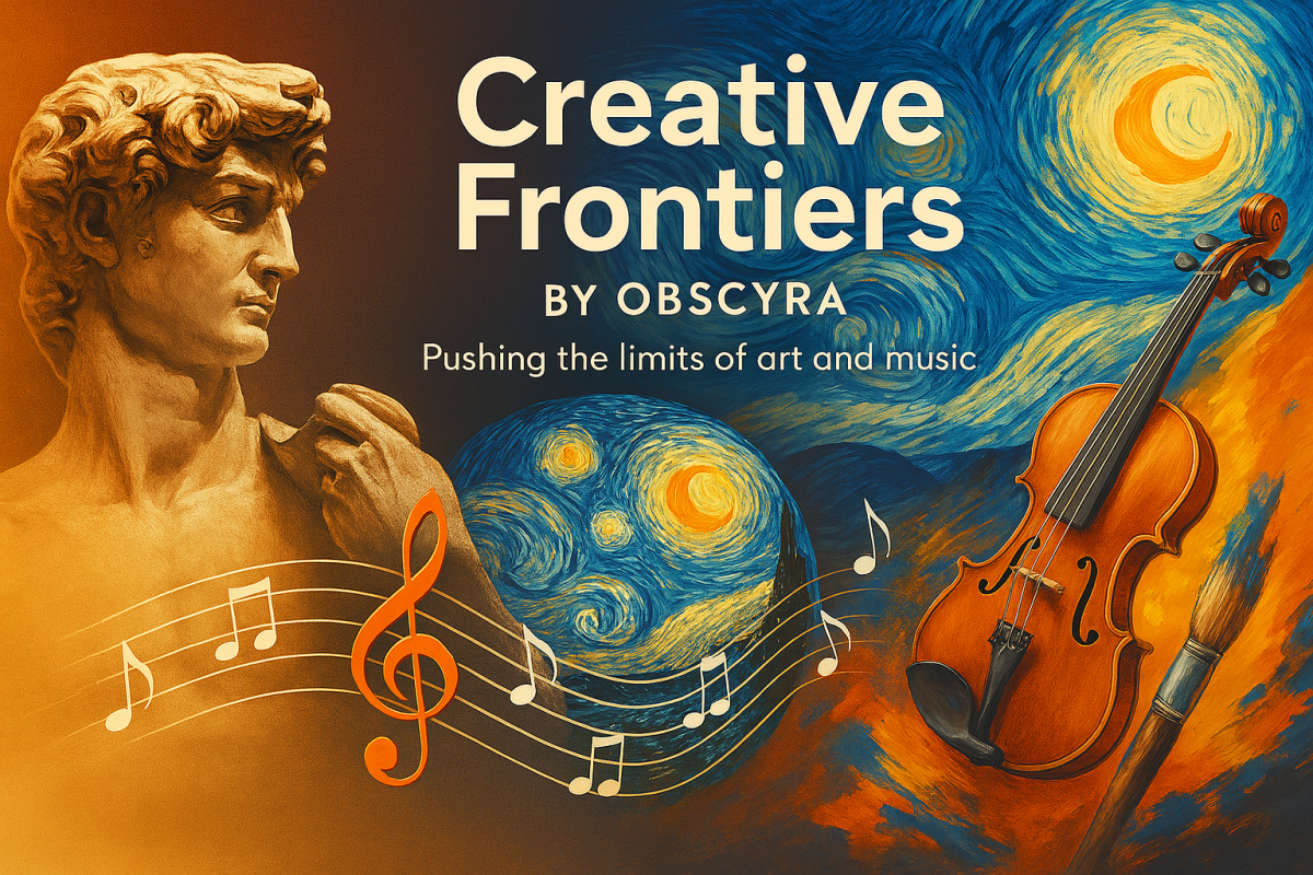 Digital collage-style artwork for Creative Frontiers by Obscyra, blending abstract paintings, musical notes, and sculptural elements — representing the transformative power of art and creativity throughout history.
