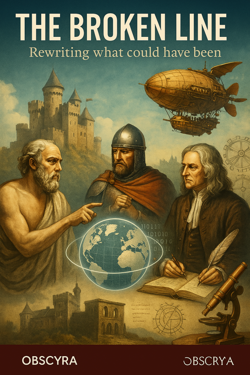 Digital illustration for The Broken Line by Obscyra, showing historical figures and inventions from different eras colliding in a surreal landscape — symbolizing alternate timelines and rewritten history.