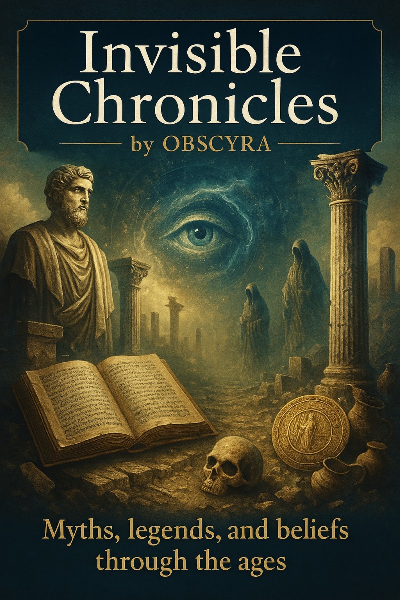 Digital illustration for Invisible Chronicles by Obscyra, showing ancient scrolls, ghostly symbols, and mythic creatures emerging from mist — representing forgotten beliefs, legends, and sacred knowledge.